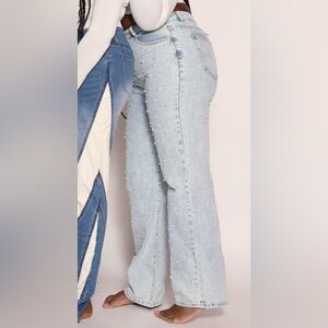 SHEIN Light Blue Pearl-Studded Straight Leg Jeans